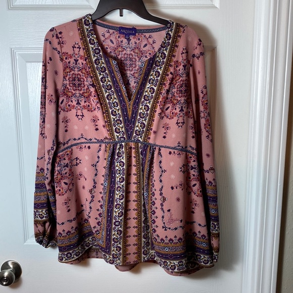 Artesia Boho Pastel Floral Top Blouse Long Sleeve Swing Size Large - Picture 3 of 7